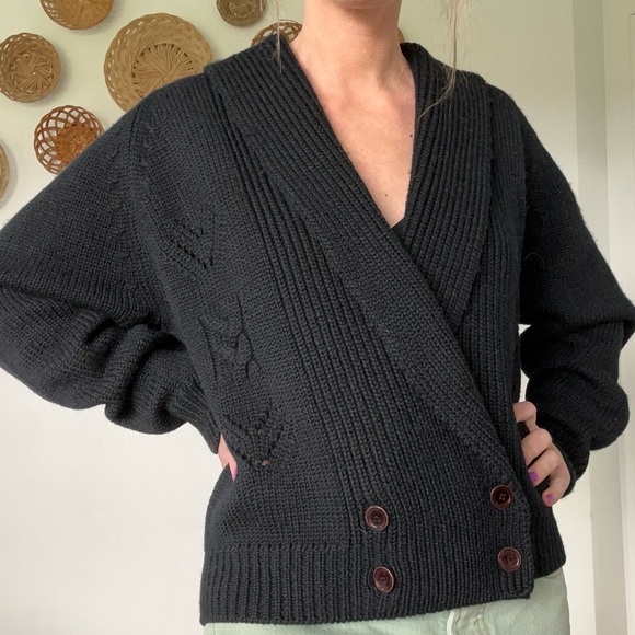 Abercrombie & Fitch Sweaters - 80s Abercrombie & Fitch •L• Vintage Pure Wool Black Thick Wrap Cardigan Sweater